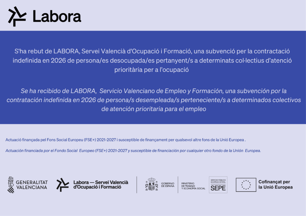 Cartel oficial de publicidad de la subvención LABORA - contratación indefinida 2026, cofinanciada por el Fondo Social Europeo (FSE+) 2021-2027