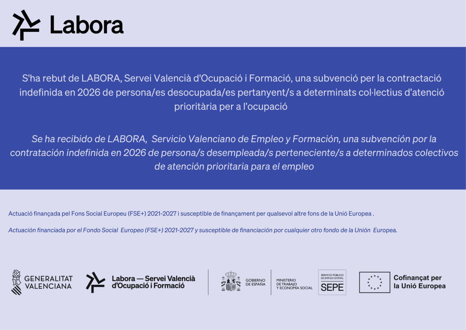 Cartel oficial de publicidad de la subvención LABORA - contratación indefinida 2026, cofinanciada por el Fondo Social Europeo (FSE+) 2021-2027